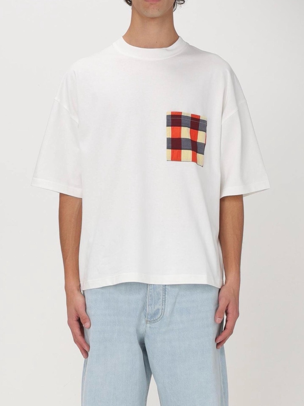 Men's White Short-Sleeve Tee with Orange & Navy Plaid Pocket